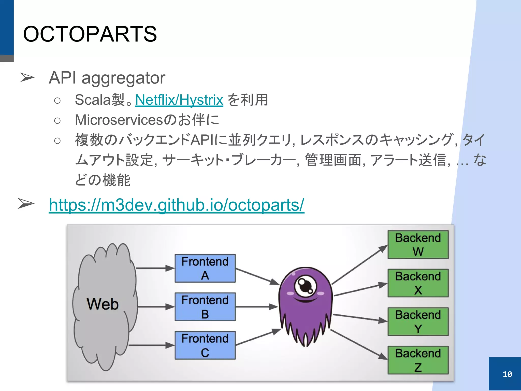 OCTOPARTS
➢ API aggregator
○ Scala製。Netflix/Hystrix を利用
○ Microservicesのお伴に
○ 複数のバックエンドAPIに並列クエリ, レスポンスのキャッシング, タイ
ムアウト設定, サーキット・ブレーカー, 管理画面, アラート送信, … な
どの機能
➢ https://m3dev.github.io/octoparts/
10
 