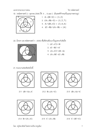 เอกสารประกอบการสอน                                                 วิชา คณิตศาสตร์
19. (คณิตศาสตร์ 2 – ตุลาคม 2544) ให้ A , B และ C เป็นเซตที่กาหนดในแผนภาพตามรูป
     A                             1. A  (B  C)  { 1 , 2 }
                         B
        2    3                     2. (A  B)  C)  { 1 , 2 , 7 }
                     7
      1                            3. A  (B  C)  { 3 , 4 , 6 }
             6
          4      5
                                   4. (C  B)  (A  B)  { 6 }
        C         8   9




20. (โควตา มช คณิตศาสตร์ 1 – 2530) พืนที่ส่วนที่แรเงาในรูปตรงกับข้อใด
                                     ้
                                            1. (A  C)  B
        A
                                            2. (C  B)  A
                                            3. (A  C)  (B  A)
                         B                  4. (A  B)  (C  B)
              C



21. จงแรเงาแต่ละข้อต่อไปนี้




       21.1       (B  A)  C              21.2   B  (A  C)           21.3   (B  A)  C




       21.4       B  (A  C)              21.5   C  (A  B)           21.6   C  (B  C)


โดย ครูไชยวสันต์ ใหม่ทรายเปียง (ครูเอ็ม)                                                      7
 
