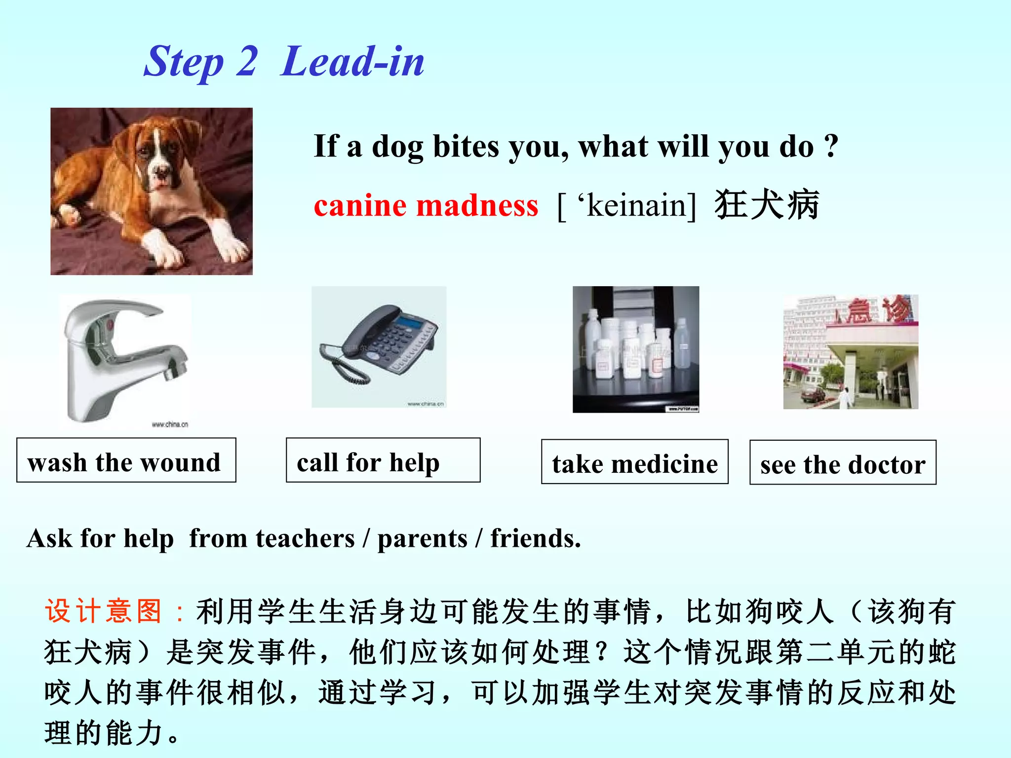 Step 2  Lead-in If a dog bites you, what will you do ? canine madness   [ ‘keinain]  狂犬病 设计意图： 利用学生生活身边可能发生的事情，比如狗咬人（该狗有狂犬病）是突发事件， 他们应该如何处理？这个情况跟第二单元的蛇咬人的事件很相似，通过学习，可以加强学生对突发事情的反应和处理的能力。   Ask for help  from teachers / parents / friends. wash the wound call for help take medicine see the doctor 