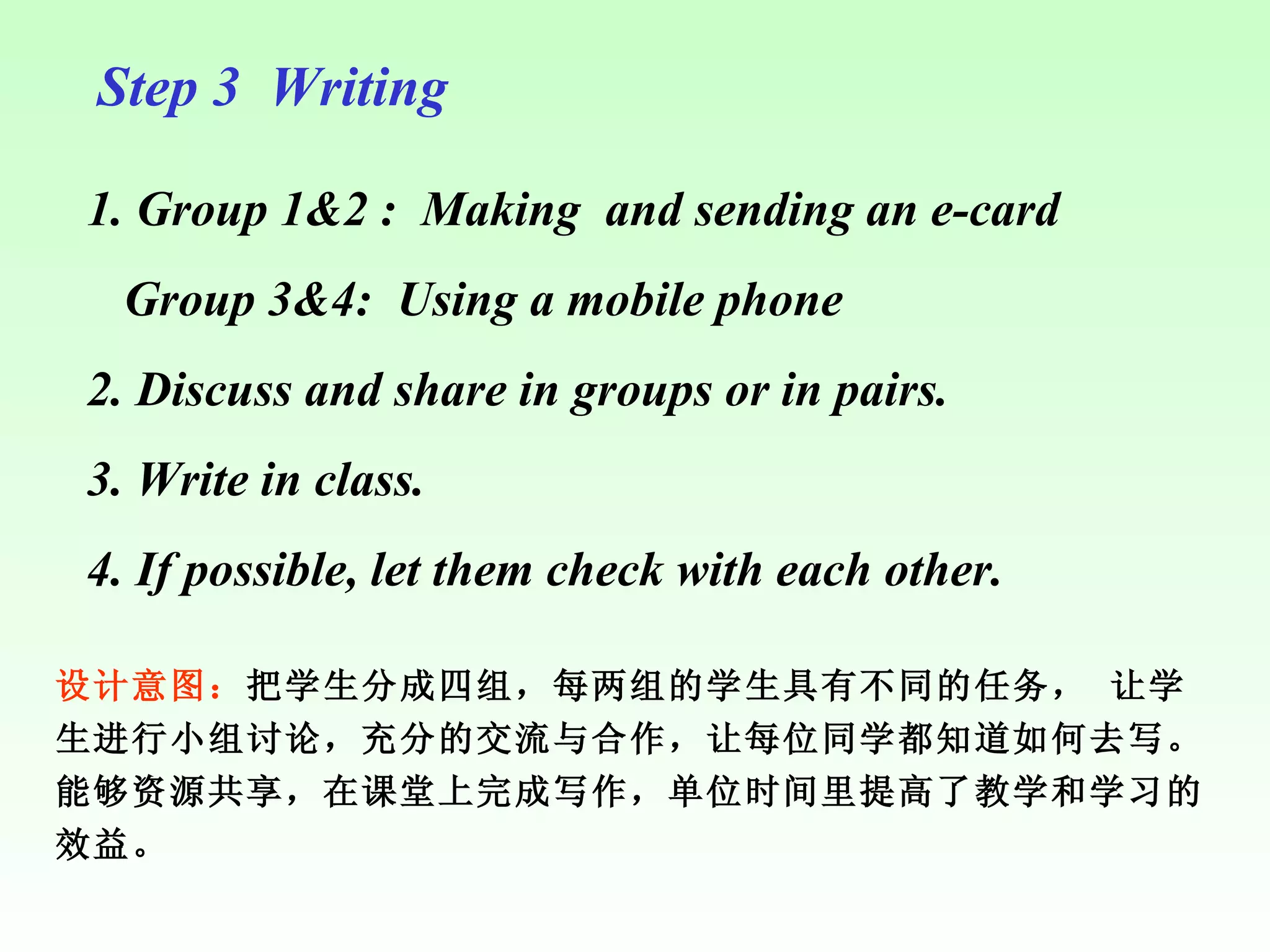 Step 3  Writing 1. Group 1&2 :  Making  and sending an e-card  Group 3&4:  Using a mobile phone 2. Discuss and share in groups or in pairs.  3. Write in class.  4. If possible, let them check with each other. 设计意图： 把学生分成四组，每两组的学生具有不同的任务， 让学生进行小组讨论，充分的交流与合作，让每位同学都知道如何去写。能够资源共享，在课堂上完成写作，单位时间里提高了教学和学习的效益。 