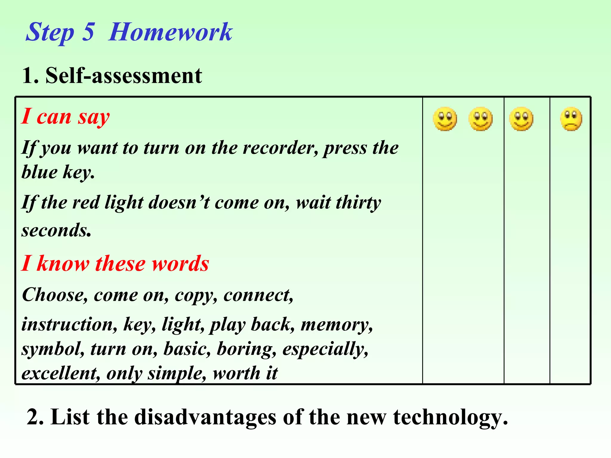 1. Self-assessment Step 5  Homework 2. List   the disadvantages of the new technology. I can say   If you want to turn on the recorder, press the blue key. If the red light doesn’t come on, wait thirty seconds . I know these words Choose, come on, copy, connect, instruction, key, light, play back, memory, symbol, turn on, basic, boring, especially, excellent, only simple, worth it 