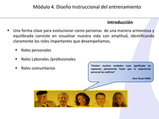 Módulo 4. Diseño Instruccional del entrenamiento
Introducción
 Una forma clave para evolucionar como personas de una manera armoniosa y
equilibrada consiste en visualizar nuestra vida con amplitud, identificando
claramente los roles importantes que desempeñamos.
 Roles personales
 Roles Laborales /profesionales
 Roles comunitarios

“Existen muchas verdades cuyo significado no
captamos plenamente hasta que la experiencia
personal las reafirma”
Jhon Stuart Mills

 