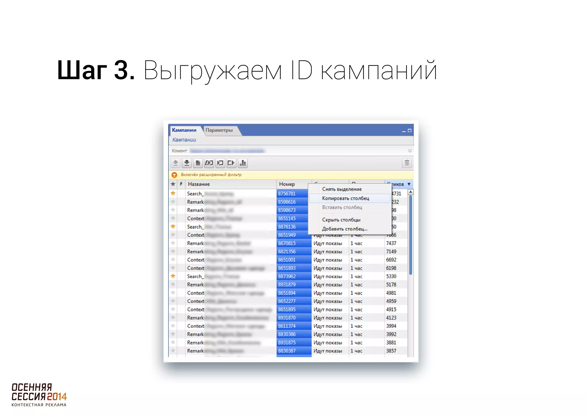 Шаг 3. Выгружаем ID кампаний 
 