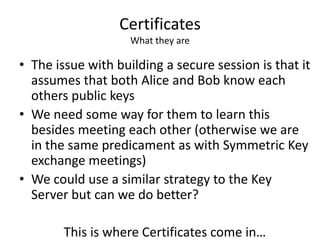 Certificates
What they are
• The issue with building a secure session is that it
assumes that both Alice and Bob know each
others public keys
• We need some way for them to learn this
besides meeting each other (otherwise we are
in the same predicament as with Symmetric Key
exchange meetings)
• We could use a similar strategy to the Key
Server but can we do better?
This is where Certificates come in…
 