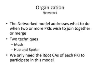 Organization
Networked
• The Networked model addresses what to do
when two or more PKIs wish to join together
or merge
• Two techniques
– Mesh
– Hub-and-Spoke
• We only need the Root CAs of each PKI to
participate in this model
 