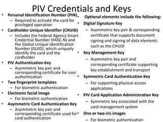 PIV Credentials and Keys
• Personal Identification Number (PIN)
– Required to activate the card for
privileged operation
• Cardholder Unique Identifier (CHUID)
– Includes the Federal Agency Smart
Credential Number (FASC-N) and
the Global Unique Identification
Number (GUID), which uniquely
identify the card and the
cardholder
• PIV Authentication Key
– Asymmetric key pair and
corresponding certificate for user
authentication
• Two fingerprint templates
– For biometric authentication
• Electronic facial image
– For biometric authentication
• Asymmetric Card Authentication Key
– Asymmetric key pair and
corresponding certificate used for
card authentication
• Optional elements include the following:
• Digital Signature Key
– Asymmetric key pair & corresponding
certificate that supports document
signing and signing of data elements
such as the CHUID
• Key Management Key
– Asymmetric key pair and
corresponding certificate supporting
key establishment and transport
• Symmetric Card Authentication Key
– For supporting physical access
applications
• PIV Card Application Administration Key
– Symmetric key associated with the
card management system
• One or two iris images
– For biometric authentication
 