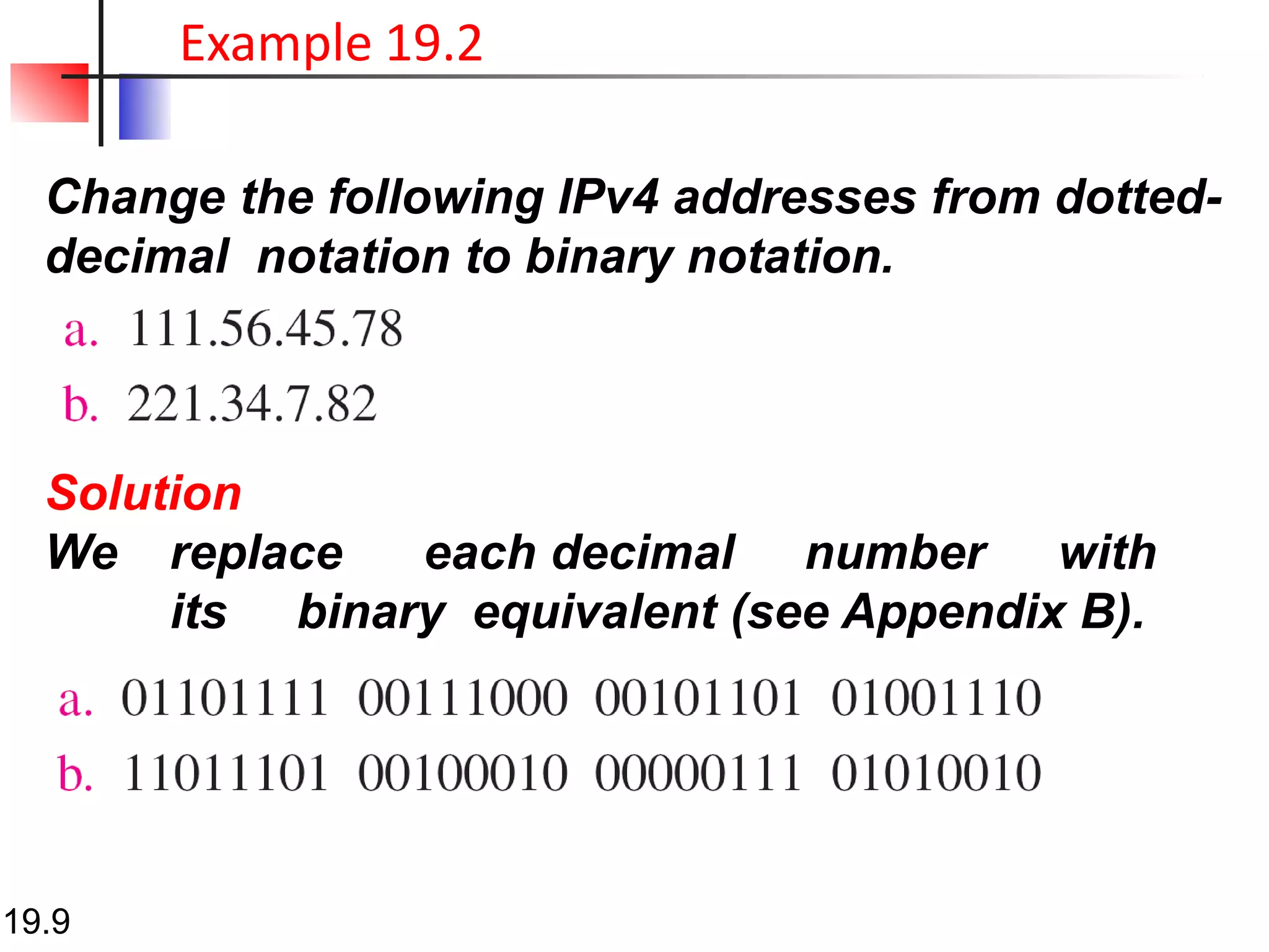 Change the following IPv4 addresses from dotted-
decimal notation to binary notation.
Example 19.2
Solution
We replace each decimal number with
its binary equivalent (see Appendix B).
19.9
 