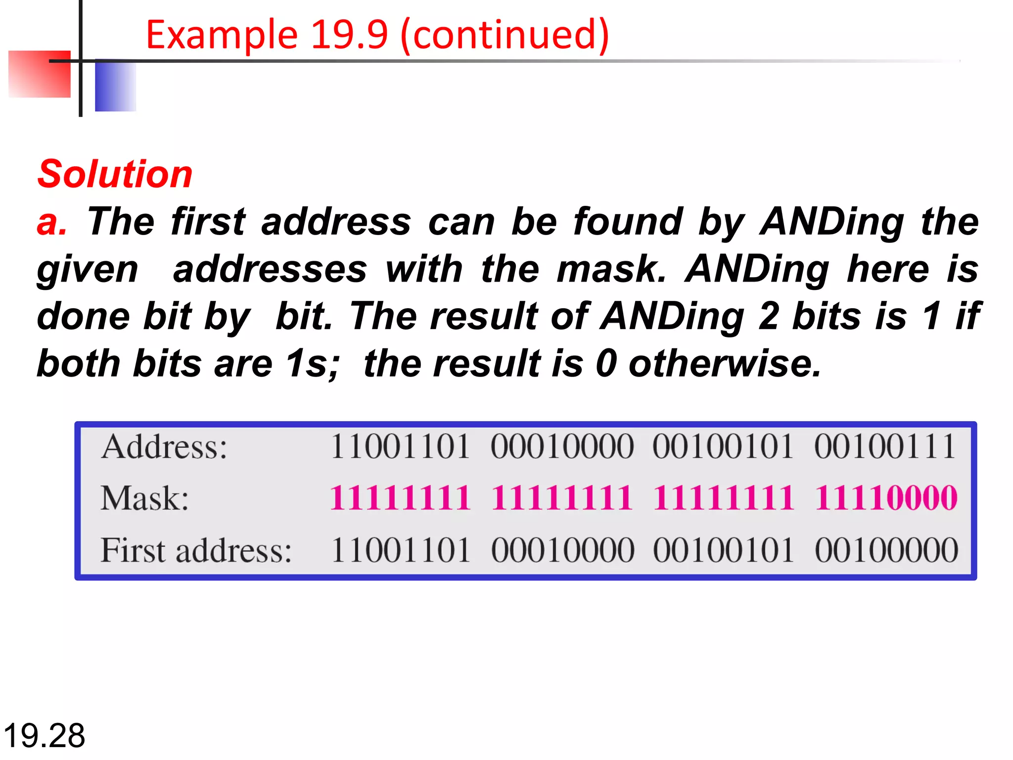 Solution
a. The first address can be found by ANDing the
given addresses with the mask. ANDing here is
done bit by bit. The result of ANDing 2 bits is 1 if
both bits are 1s; the result is 0 otherwise.
Example 19.9 (continued)
19.28
 