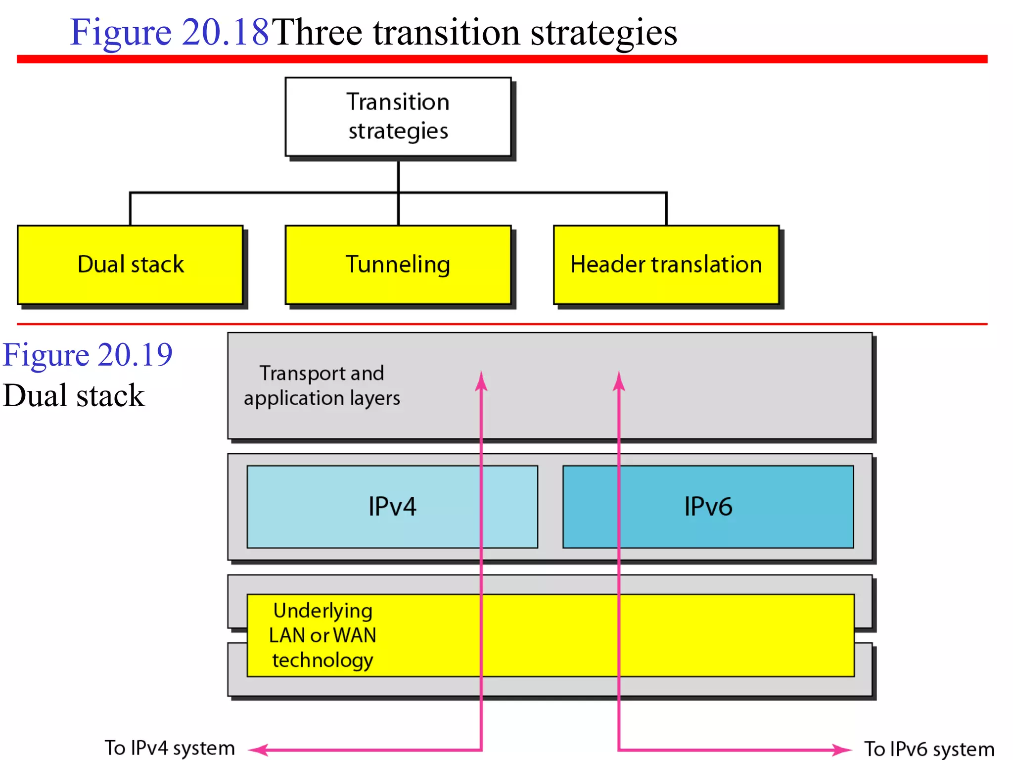 Figure 20.18Three transition strategies
20.48
Figure 20.19
Dual stack
 