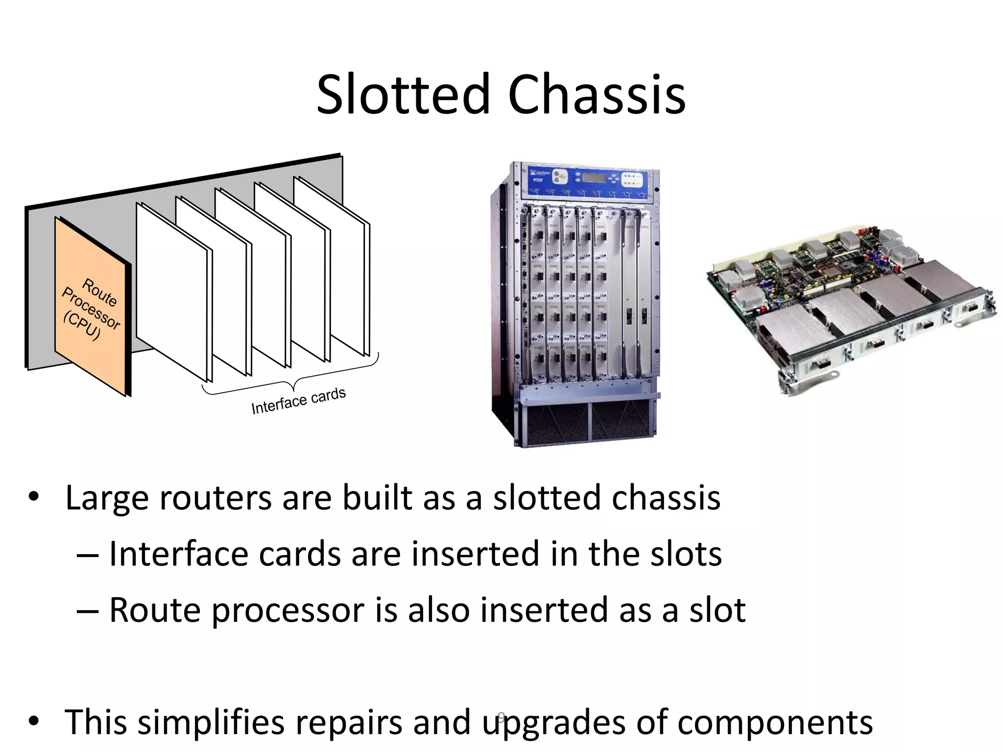 9
Slotted Chassis
• Large routers are built as a slotted chassis
– Interface cards are inserted in the slots
– Route processor is also inserted as a slot
• This simplifies repairs and upgrades of components
Route
Processor
(CPU)
Interface cards
 