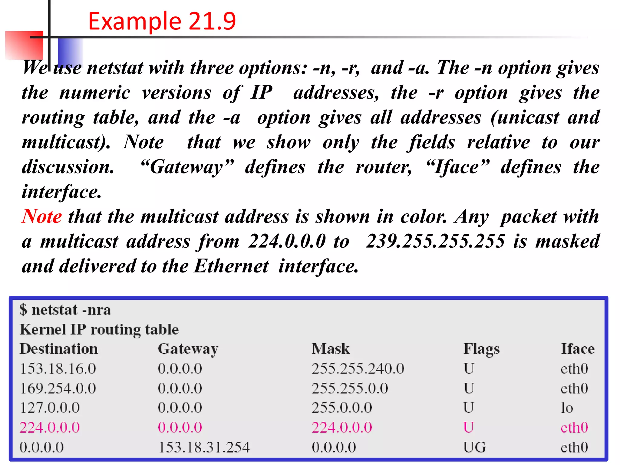 We use netstat with three options: -n, -r, and -a. The -n option gives
the numeric versions of IP addresses, the -r option gives the
routing table, and the -a option gives all addresses (unicast and
multicast). Note that we show only the fields relative to our
discussion. “Gateway” defines the router, “Iface” defines the
interface.
Note that the multicast address is shown in color. Any packet with
a multicast address from 224.0.0.0 to 239.255.255.255 is masked
and delivered to the Ethernet interface.
21.50
Example 21.9
 
