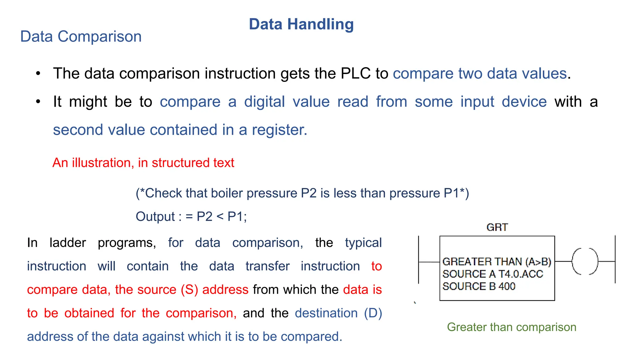 Data Handling
• The data comparison instruction gets the PLC to compare two data values.
• It might be to compare a digital value read from some input device with a
second value contained in a register.
Data Comparison
An illustration, in structured text
(*Check that boiler pressure P2 is less than pressure P1*)
Output : = P2 < P1;
In ladder programs, for data comparison, the typical
instruction will contain the data transfer instruction to
compare data, the source (S) address from which the data is
to be obtained for the comparison, and the destination (D)
address of the data against which it is to be compared.
Greater than comparison
 