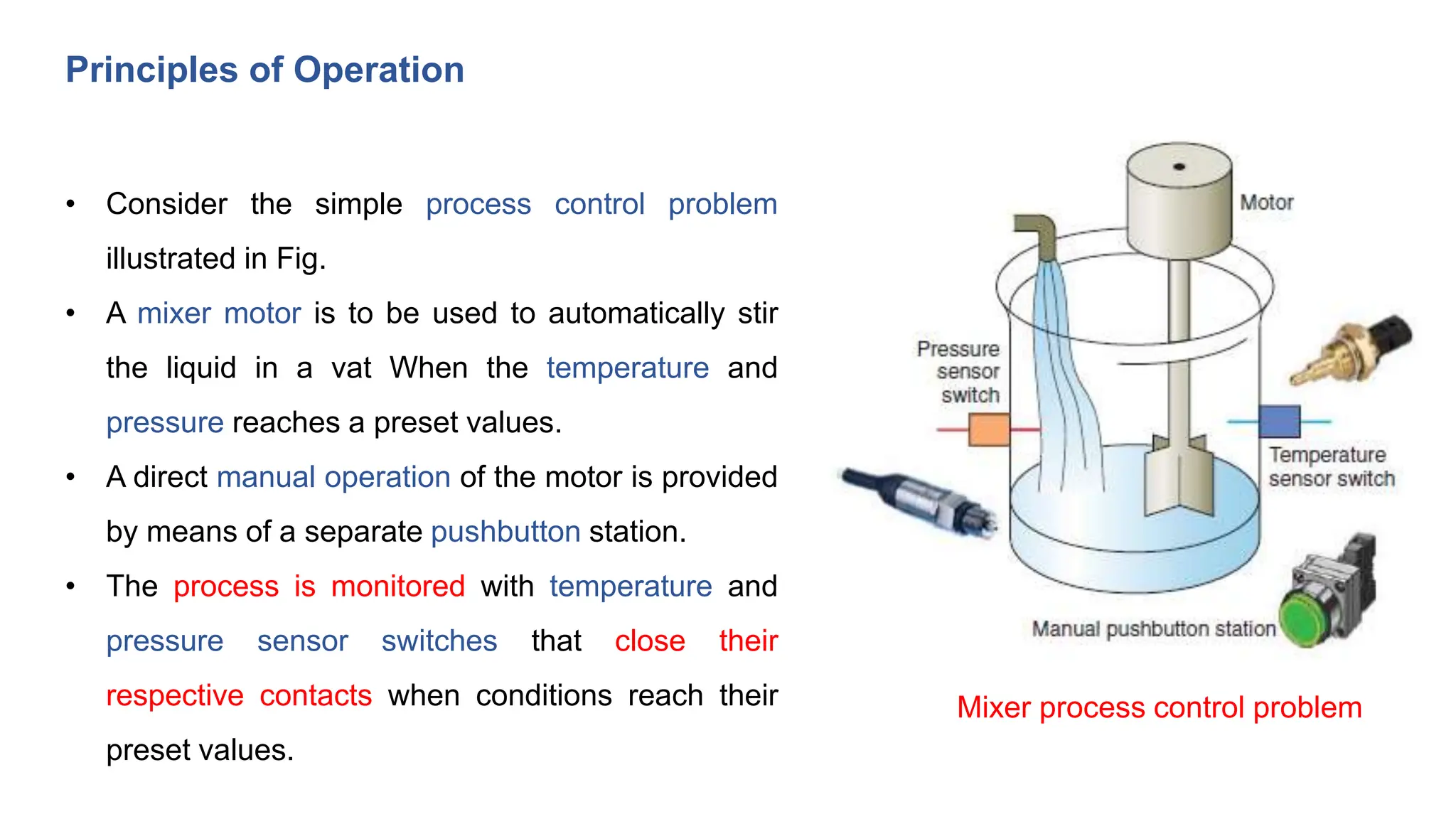 Principles of Operation
• Consider the simple process control problem
illustrated in Fig.
• A mixer motor is to be used to automatically stir
the liquid in a vat When the temperature and
pressure reaches a preset values.
• A direct manual operation of the motor is provided
by means of a separate pushbutton station.
• The process is monitored with temperature and
pressure sensor switches that close their
respective contacts when conditions reach their
preset values.
Mixer process control problem
 