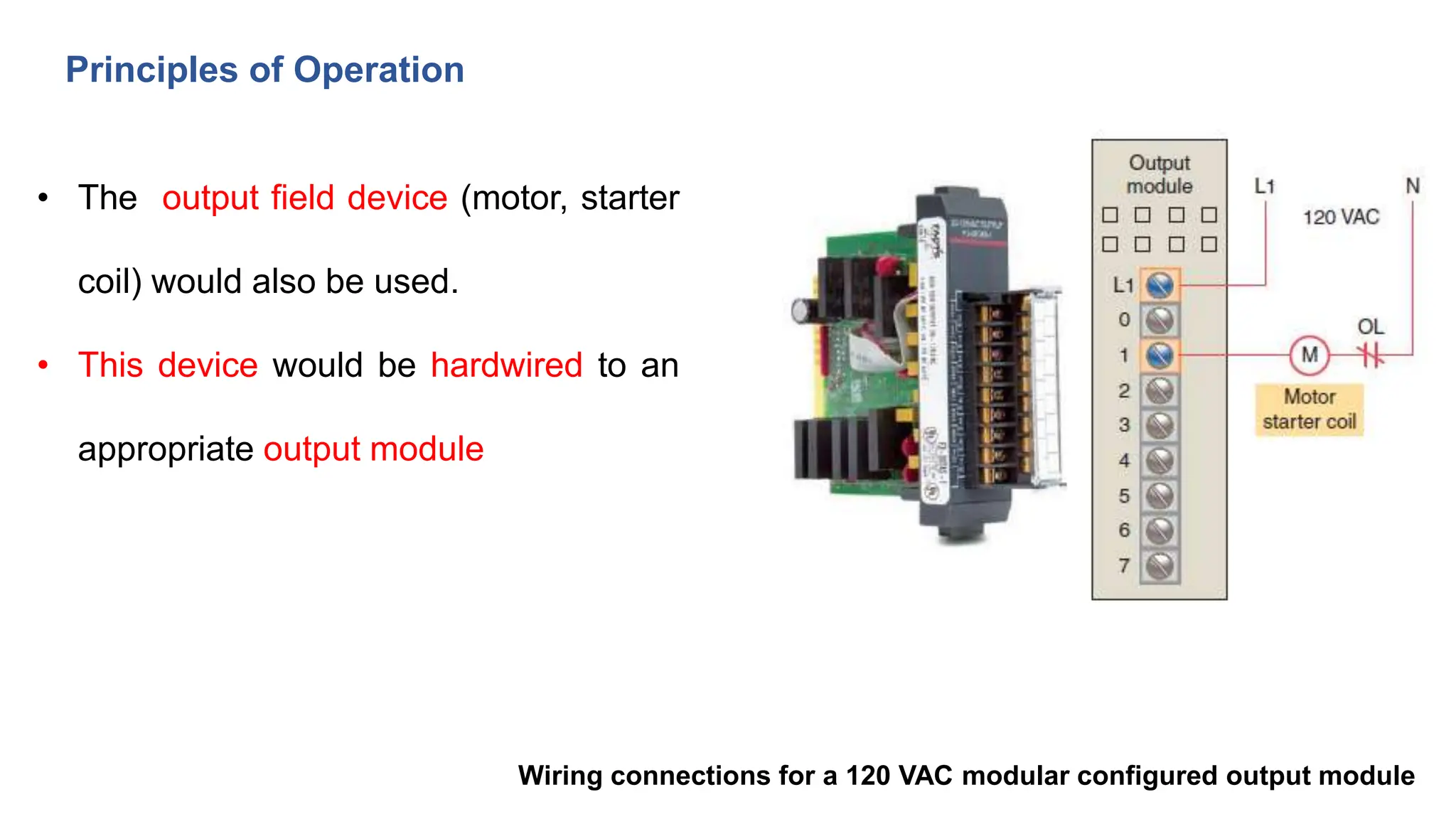 Principles of Operation
• The output field device (motor, starter
coil) would also be used.
• This device would be hardwired to an
appropriate output module
Wiring connections for a 120 VAC modular configured output module
 