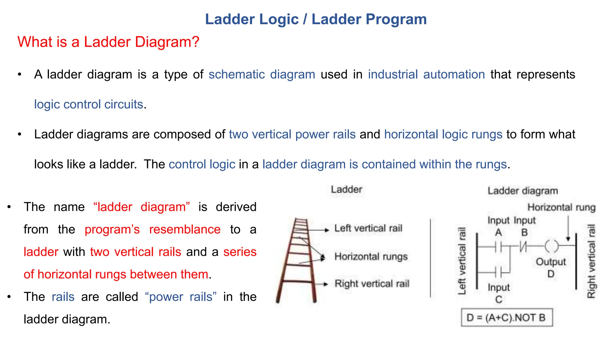 • A ladder diagram is a type of schematic diagram used in industrial automation that represents
logic control circuits.
• Ladder diagrams are composed of two vertical power rails and horizontal logic rungs to form what
looks like a ladder. The control logic in a ladder diagram is contained within the rungs.
Ladder Logic / Ladder Program
What is a Ladder Diagram?
• The name “ladder diagram” is derived
from the program’s resemblance to a
ladder with two vertical rails and a series
of horizontal rungs between them.
• The rails are called “power rails” in the
ladder diagram.
 