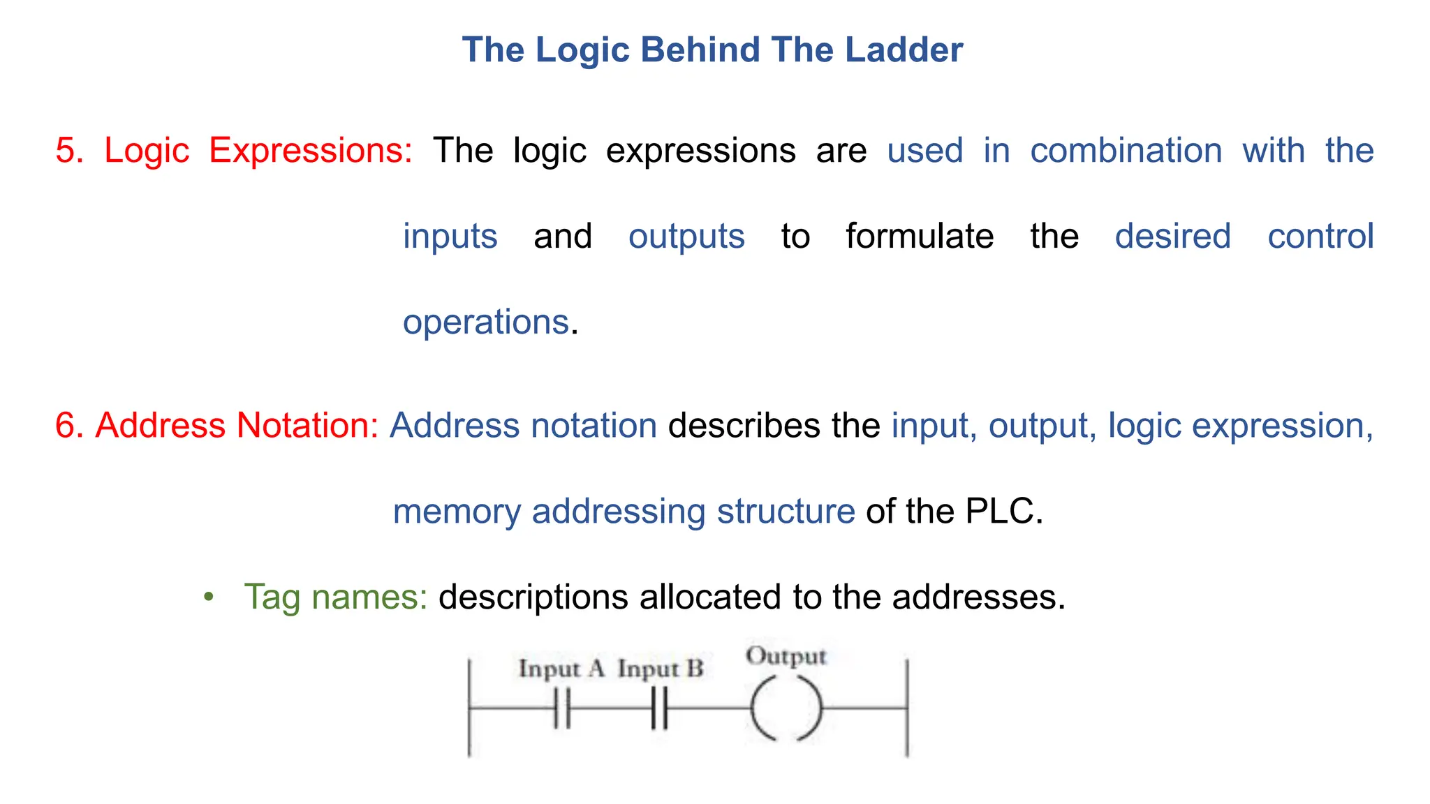 The Logic Behind The Ladder
5. Logic Expressions: The logic expressions are used in combination with the
inputs and outputs to formulate the desired control
operations.
6. Address Notation: Address notation describes the input, output, logic expression,
memory addressing structure of the PLC.
• Tag names: descriptions allocated to the addresses.
 