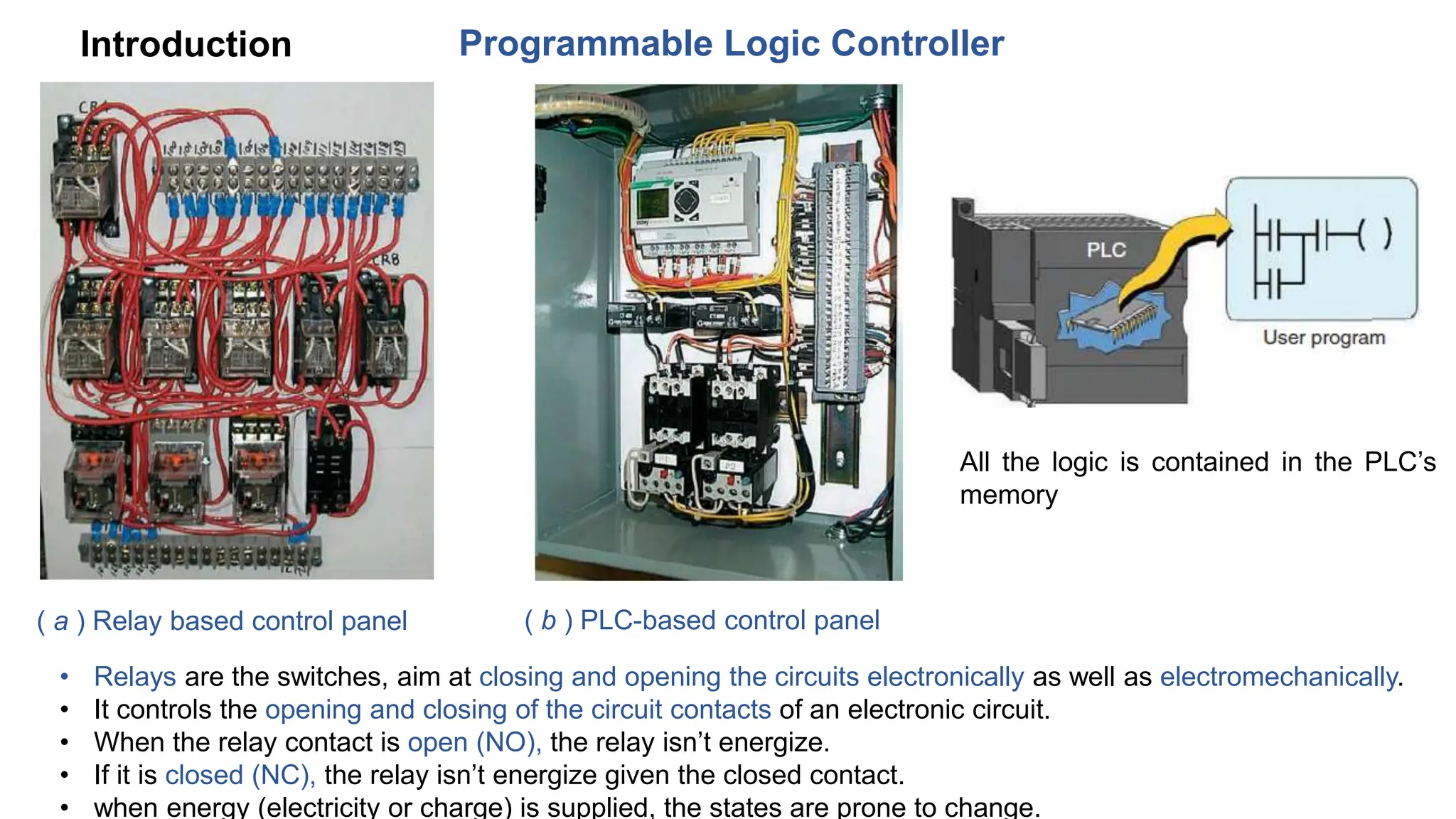 Programmable Logic Controller
Introduction
( a ) Relay based control panel ( b ) PLC-based control panel
All the logic is contained in the PLC’s
memory
• Relays are the switches, aim at closing and opening the circuits electronically as well as electromechanically.
• It controls the opening and closing of the circuit contacts of an electronic circuit.
• When the relay contact is open (NO), the relay isn’t energize.
• If it is closed (NC), the relay isn’t energize given the closed contact.
• when energy (electricity or charge) is supplied, the states are prone to change.
 