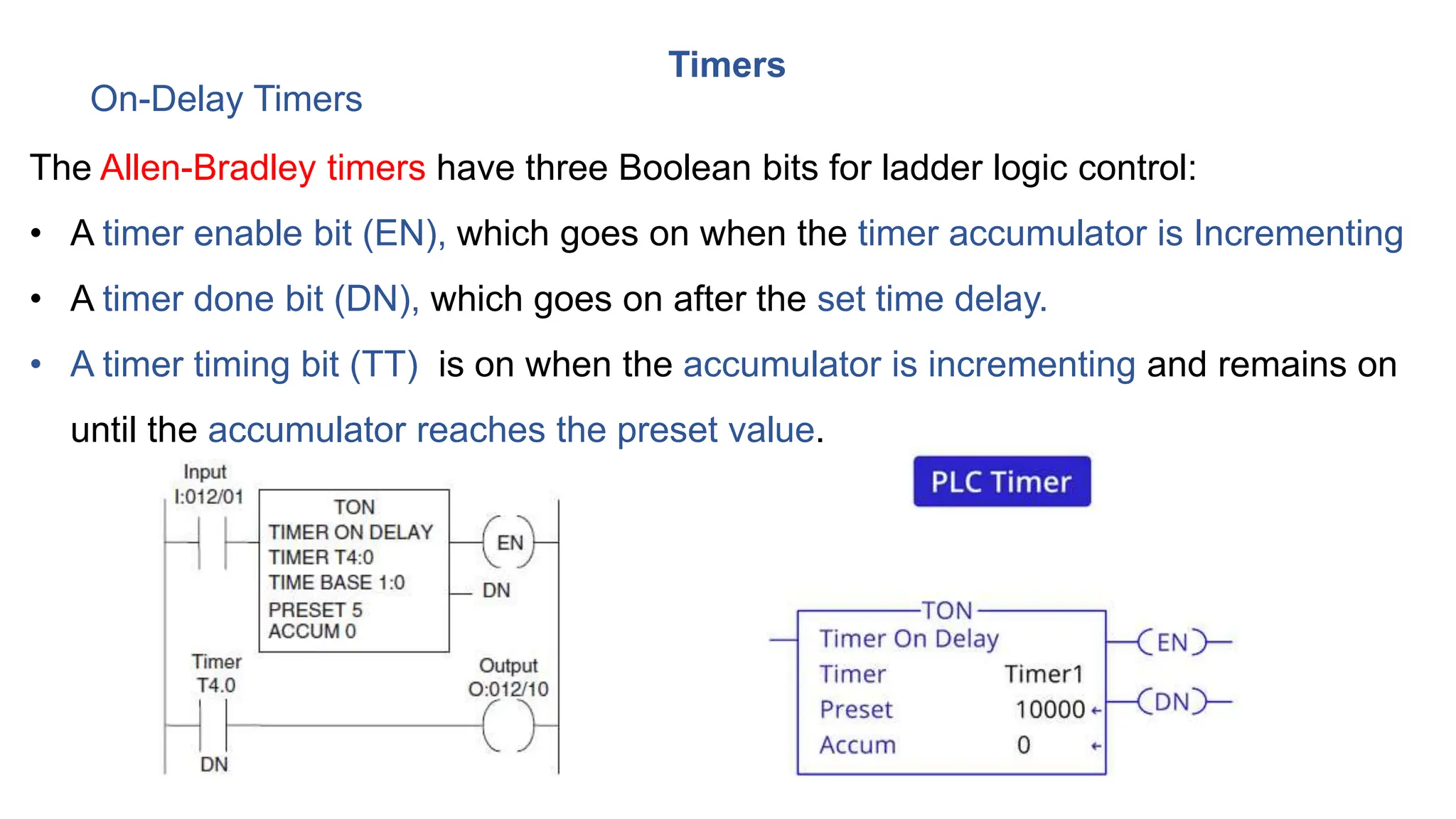 Timers
On-Delay Timers
The Allen-Bradley timers have three Boolean bits for ladder logic control:
• A timer enable bit (EN), which goes on when the timer accumulator is Incrementing
• A timer done bit (DN), which goes on after the set time delay.
• A timer timing bit (TT) is on when the accumulator is incrementing and remains on
until the accumulator reaches the preset value.
 