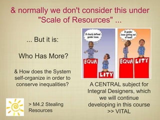 & normally we don't consider this under
      "Scale of Resources" ...

      ... But it is:

  Who Has More?

 & How does the System
 self-organize in order to
  conserve inequalities?      A CENTRAL subject for
                             Integral Designers, which
                                  we will continue
       > M4.2 Stealing       developing in this course
       Resources                      >> VITAL
 