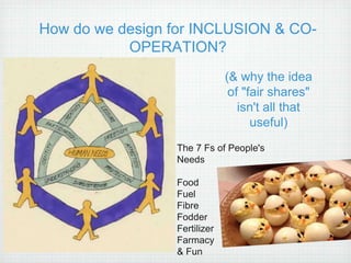 How do we design for INCLUSION & CO-
           OPERATION?
                              (& why the idea
                               of "fair shares"
                                 isn't all that
                                    useful)
                 The 7 Fs of People's
                 Needs

                 Food
                 Fuel
                 Fibre
                 Fodder
                 Fertilizer
                 Farmacy
                 & Fun
 