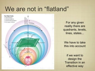 We are not in “flatland”
                       For any given
                      reality there are
                     quadrants, levels,
                       lines, states...


                      We have to take
                      this into account


                       if we want to
                         design the
                      Transition in an
                       effective way
 