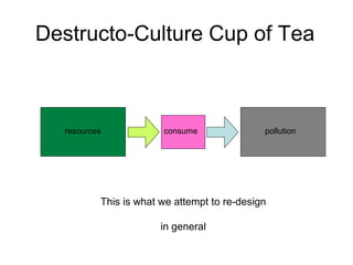 Destructo-Culture Cup of Tea



  resources            consume               pollution




          This is what we attempt to re-design

                       in general
 