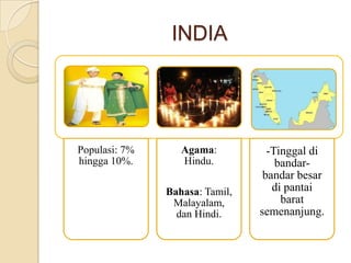 INDIA

Populasi: 7%
hingga 10%.

Agama:
Hindu.
Bahasa: Tamil,
Malayalam,
dan Hindi.

-Tinggal di
bandarbandar besar
di pantai
barat
semenanjung.

 