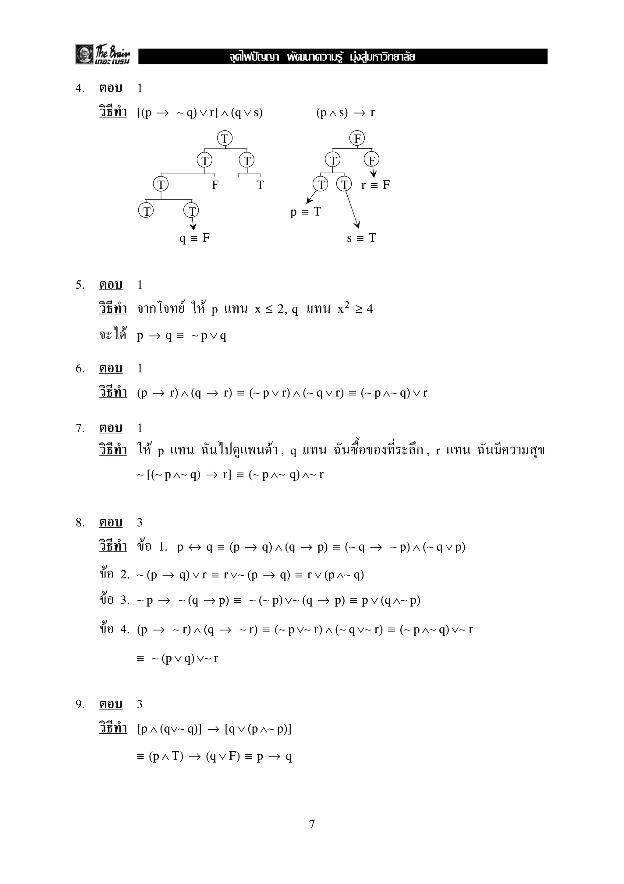 4. 1
[(p → ∼ q) ∨ r] ∧ (q ∨ s) (p ∧ s) → r
T F
T T T F
T F T T T r ≡ F
T T p ≡ T
q ≡ F s ≡ T
5. 1
ก F F p x ≤ 2, q x2 ≥ 4
F p → q ≡ ∼ p ∨ q
6. 1
(p → r) ∧ (q → r) ≡ (∼ p ∨ r) ∧ (∼ q ∨ r) ≡ (∼ p ∧∼ q) ∨ r
7. 1
F p F , q ก , r
∼ [(∼ p ∧∼ q) → r] ≡ (∼ p ∧∼ q)∧∼ r
8. 3
F 1. p ↔ q ≡ (p → q) ∧ (q → p) ≡ (∼ q → ∼ p) ∧ (∼ q ∨ p)
F 2. ∼ (p → q) ∨ r ≡ r ∨∼ (p → q) ≡ r ∨ (p ∧∼ q)
F 3. ∼ p → ∼ (q → p) ≡ ∼ (∼ p)∨∼ (q → p) ≡ p ∨ (q ∧∼ p)
F 4. (p → ∼ r) ∧ (q → ∼ r) ≡ (∼ p ∨∼ r) ∧ (∼ q ∨∼ r) ≡ (∼ p ∧∼ q)∨∼ r
≡ ∼ (p ∨ q)∨∼ r
9. 3
[p ∧ (q∨∼ q)] → [q ∨ (p ∧∼ p)]
≡ (p ∧ T) → (q ∨ F) ≡ p → q
7
ˆ F F F
 