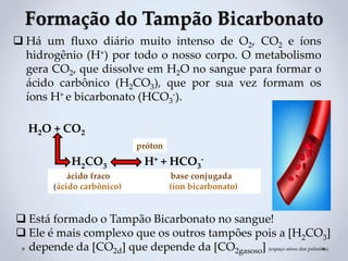 ❑ Há um fluxo diário muito intenso de O2, CO2 e íons
hidrogênio (H+) por todo o nosso corpo. O metabolismo
gera CO2, que dissolve em H2O no sangue para formar o
ácido carbônico (H2CO3), que por sua vez formam os
íons H+ e bicarbonato (HCO3
-).
Formação do Tampão Bicarbonato
H2O + CO2
H2CO3
ácido fraco base conjugada
(ácido carbônico) (íon bicarbonato)
H+ + HCO3
-
próton
❑ Está formado o Tampão Bicarbonato no sangue!
❑ Ele é mais complexo que os outros tampões pois a [H2CO3]
depende da [CO2d] que depende da [CO2gasoso] (espaço aéreo dos pulmões).
 