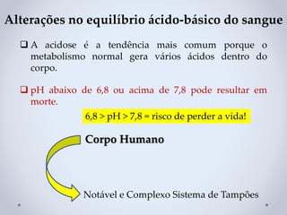 Corpo Humano
Notável e Complexo Sistema de Tampões
❑ A acidose é a tendência mais comum porque o
metabolismo normal gera vários ácidos dentro do
corpo.
❑ pH abaixo de 6,8 ou acima de 7,8 pode resultar em
morte.
6,8 > pH > 7,8 = risco de perder a vida!
Alterações no equilíbrio ácido-básico do sangue
 