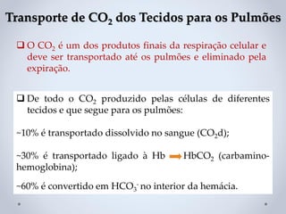 Transporte de CO2 dos Tecidos para os Pulmões
❑ De todo o CO2 produzido pelas células de diferentes
tecidos e que segue para os pulmões:
~10% é transportado dissolvido no sangue (CO2d);
~30% é transportado ligado à Hb HbCO2 (carbamino-
hemoglobina);
~60% é convertido em HCO3
- no interior da hemácia.
❑ O CO2 é um dos produtos finais da respiração celular e
deve ser transportado até os pulmões e eliminado pela
expiração.
 