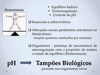 pH Tampões Biológicos
presente nos organismos vivos
▪ Equilíbrio hídrico
▪ Termorregulação
▪ Controle de pH
❑ Essenciais à sobrevivência
❑ Alterações nesses parâmetros interferem no
Metabolismo
(reações químicas catalisadas por enzimas)
❑ Organismos - presença de mecanismos de
autorregulação com o propósito de manter
o estado de equilíbrio (Homeostasia).
Homeostasia
 