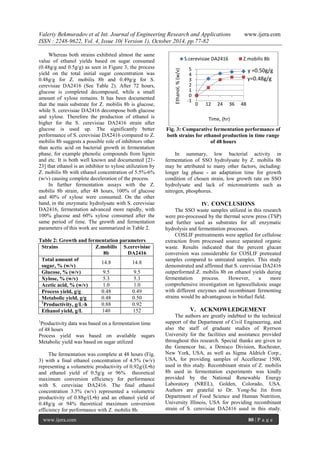 Valeriy Bekmuradov et al Int. Journal of Engineering Research and Applications www.ijera.com
ISSN : 2248-9622, Vol. 4, Issue 10( Version 1), October 2014, pp.77-82
www.ijera.com 80 | P a g e
Whereas both strains exhibited almost the same
value of ethanol yields based on sugar consumed
(0.48g/g and 0.5g/g) as seen in Figure 3, the process
yield on the total initial sugar concentration was
0.48g/g for Z. mobilis 8b and 0.49g/g for S.
cerevisiae DA2416 (See Table 2). After 72 hours,
glucose is completed decomposed, while a small
amount of xylose remains. It has been documented
that the main substrate for Z. mobilis 8b is glucose,
while S. cerevisiae DA2416 decompose both glucose
and xylose. Therefore the production of ethanol is
higher for the S. cerevisiae DA2416 strain after
glucose is used up. The significantly better
performance of S. cerevisiae DA2416 compared to Z.
mobilis 8b suggests a possible role of inhibitors other
than acetic acid on bacterial growth in fermentation
phase, for example phenolic compounds from lignin
and etc. It is both well known and documented [21-
23] that ethanol is an inhibitor to xylose utilization by
Z. mobilis 8b with ethanol concentration of 5.5%-6%
(w/v) causing complete deceleration of the process.
In further fermentation assays with the Z.
mobilis 8b strain, after 48 hours, 100% of glucose
and 40% of xylose were consumed. On the other
hand, in the enzymatic hydrolysate with S. cerevisiae
DA2416, fermentation advanced more rapidly, with
100% glucose and 60% xylose consumed after the
same period of time. The growth and fermentation
parameters of this work are summarized in Table 2.
Table 2: Growth and fermentation parameters
Strains Z.mobilis
8b
S.cerevisiae
DA2416
Total amount of
sugar, % (w/v)
14.8 14.8
Glucose, % (w/v) 9.5 9.5
Xylose, % (w/v) 5.3 5.3
Acetic acid, % (w/v) 1.0 1.0
Process yield, g/g 0.48 0.49
Metabolic yield, g/g 0.48 0.50
1
Productivity, g/L·h 0.88 0.92
Ethanol yield, g/L 140 152
1
Productivity data was based on a fermentation time
of 48 hours
Process yield was based on available sugars
Metabolic yield was based on sugar utilized
The fermentation was complete at 48 hours (Fig.
3) with a final ethanol concentration of 4.5% (w/v)
representing a volumetric productivity of 0.92g/(L•h)
and ethanol yield of 0.5g/g or 96% theoretical
maximum conversion efficiency for performance
with S. cerevisiae DA2416. The final ethanol
concentration 3.5% (w/v) represented a volumetric
productivity of 0.88g/(L•h) and an ethanol yield of
0.48g/g or 94% theoretical maximum conversion
efficiency for performance with Z. mobilis 8b.
Fig. 3: Comparative fermentation performance of
both strains for ethanol production in time range
of 48 hours
In summary, low bacterial activity in
fermentation of SSO hydrolysate by Z. mobilis 8b
may be attributed to many other factors, including:
longer lag phase - an adaptation time for growth
condition of chosen strain, low growth rate on SSO
hydrolysate and lack of micronutrients such as
nitrogen, phosphorus.
IV. CONCLUSIONS
The SSO waste samples utilized in this research
were pre-processed by the thermal screw press (TSP)
and further used as substrates for all enzymatic
hydrolysis and fermentation processes.
COSLIF pretreatments were applied for cellulose
extraction from processed source separated organic
waste. Results indicated that the percent glucan
conversion was considerable for COSLIF pretreated
samples compared to untreated samples. This study
demonstrated and affirmed that S. cerevisiae DA2416
outperformed Z. mobilis 8b on ethanol yields during
fermentation process. However, a more
comprehensive investigation on lignocellulosic usage
with different enzymes and recombinant fermenting
strains would be advantageous in biofuel field.
V. ACKNOWLEDGEMENT
The authors are greatly indebted to the technical
support of the Department of Civil Engineering, and
also the staff of graduate studies of Ryerson
University for the facilities and assistance provided
throughout this research. Special thanks are given to
the Genencor Inc, a Denisco Division, Rochester,
New York, USA, as well as Sigma Aldrich Corp.,
USA, for providing samples of Accellerase 1500,
used in this study. Recombinant strain of Z. mobilis
8b used in fermentation experiments was kindly
provided by the National Renewable Energy
Laboratory (NREL), Golden, Colorado, USA.
Authors are grateful to Dr. Yong-Su Jin from
Department of Food Science and Human Nutrition,
University Illinois, USA for providing recombinant
strain of S. cerevisiae DA2416 used in this study.
-1
0
1
2
3
4
5
0 12 24 36 48
S.cerevisiae DA2416 Z.mobilis 8b
y =0.50g/g
y=0.48g/g
Time, (hr)
Ethanol,%(w/v)
 