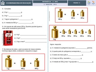3.° BIMESTRE - 2016
PÁGINA 15
5 – Complete:
a) 2 kg = _______________ g.
b) 3 kg = _______________ g.
c) 1 kg(um quilograma) = _______________ g.
d) A metade de 500 g = _________________ g.
6 –Um pacote de café possui 250 g. Quantos pacotes iguais a
esse serão necessários para formar
a) 1 kg? _________________________________
b) 2 kg? _________________________________
c) 2 kg e meio? ___________________________
7- Na balança de pratos, usam-se pesos de massa variados.
Conheça alguns deles, analisando o esquema a seguir.
500 g1 kg 500 g
= +
500 g
250 g 250 g
= +
1 kg
200 g 200 g 200 g 200 g 200 g
= + + + +
Agora, responda:
a) A metade do quilograma equivale a ______________ gramas.
b) A quarta parte do quilograma corresponde a ____________ g .
c) O dobro de meio quilo é _________________ g.
d) O triplo de 250 g equivale a ____________ g.
e) A metade de 500 g mais 1 kg equivale a _________________g.
http://www.estudamos.com.br/
 