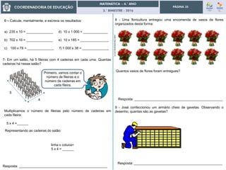 3.° BIMESTRE - 2016
PÁGINA 35
4
5
6 – Calcule, mentalmente, e escreva os resultados:
a) 235 x 10 = ______________ d) 10 x 1 000 = _____________
b) 702 x 10 = ______________ e) 10 x 185 = _______________
c) 100 x 78 = ______________ f) 1 000 x 38 = ______________
7- Em um salão, há 5 fileiras com 4 cadeiras em cada uma. Quantas
cadeiras há nesse salão?
Primeiro, vamos contar o
número de fileiras e o
número de cadeiras em
cada fileira.
Multiplicamos o número de fileiras pelo número de cadeiras em
cada fileira:
5 x 4 =______
Representando as cadeiras do salão:
linha x coluna=
5 x 4 = ______
Resposta: _______________________________________________
8 - Uma floricultura entregou uma encomenda de vasos de flores
organizados desta forma:
Quantos vasos de flores foram entregues?
Resposta: _______________________________________________
www.chacaratropical.com.br
9 - José confeccionou um armário cheio de gavetas. Observando o
desenho, quantas são as gavetas?
Resposta: _______________________________________________
 