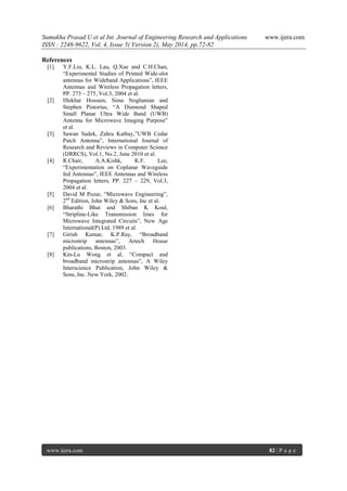 Sumukha Prasad U et al Int. Journal of Engineering Research and Applications www.ijera.com
ISSN : 2248-9622, Vol. 4, Issue 5( Version 2), May 2014, pp.72-82
www.ijera.com 82 | P a g e
References
[1] Y.F.Liu, K.L. Lau, Q.Xue and C.H.Chan,
“Experimental Studies of Printed Wide-slot
antennas for Wideband Applications”, IEEE
Antennas and Wireless Propagation letters,
PP. 273 – 275, Vol.3, 2004 et al.
[2] Iftekhar Hossain, Sima Noghanian and
Stephen Pistorius, “A Diamond Shaped
Small Planar Ultra Wide Band (UWB)
Antenna for Microwave Imaging Purpose”
et al.
[3] Sawan Sadek, Zahra Katbay,”UWB Cedar
Patch Antenna”, International Journal of
Research and Reviews in Computer Science
(IJRRCS), Vol.1, No.2, June 2010 et al.
[4] R.Chair, A.A.Kishk, K.F. Lee,
“Experimentation on Coplanar Waveguide
fed Antennas”, IEEE Antennas and Wireless
Propagation letters, PP. 227 – 229, Vol.3,
2004 et al.
[5] David M Pozar, “Microwave Engineering”,
2nd
Edition, John Wiley & Sons, Inc et al.
[6] Bharathi Bhat and Shiban K Koul,
“Stripline-Like Transmission lines for
Microwave Integrated Circuits”, New Age
International(P) Ltd, 1989 et al.
[7] Girish Kumar, K.P.Ray, “Broadband
microstrip antennas”, Artech House
publications, Boston, 2003.
[8] Kin-Lu Wong et al, “Compact and
broadband microstrip antennas”, A Wiley
Interscience Publication, John Wiley &
Sons, Inc. New York, 2002.
 