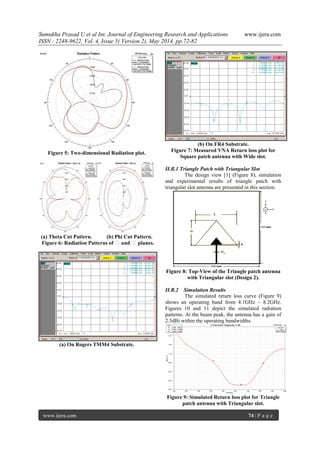 Sumukha Prasad U et al Int. Journal of Engineering Research and Applications www.ijera.com
ISSN : 2248-9622, Vol. 4, Issue 5( Version 2), May 2014, pp.72-82
www.ijera.com 74 | P a g e
Figure 5: Two-dimensional Radiation plot.
(a) Theta Cut Pattern. (b) Phi Cut Pattern.
Figure 6: Radiation Patterns of θand θplanes.
(a) On Rogers TMM4 Substrate.
(b) On FR4 Substrate.
Figure 7: Measured VNA Return loss plot for
Square patch antenna with Wide slot.
II.B.1 Triangle Patch with Triangular Slot
The design view [1] (Figure 8), simulation
and experimental results of triangle patch with
triangular slot antenna are presented in this section.
Figure 8: Top-View of the Triangle patch antenna
with Triangular slot (Design 2).
II.B.2 Simulation Results
The simulated return loss curve (Figure 9)
shows an operating band from 4.1GHz – 8.2GHz.
Figures 10 and 11 depict the simulated radiation
patterns. At the beam peak, the antenna has a gain of
2.5dBi within the operating bandwidths.
Figure 9: Simulated Return loss plot for Triangle
patch antenna with Triangular slot.
 