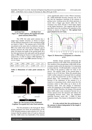 Sumukha Prasad U et al Int. Journal of Engineering Research and Applications www.ijera.com
ISSN : 2248-9622, Vol. 4, Issue 5( Version 2), May 2014, pp.72-82
www.ijera.com 78 | P a g e
(a) Front View (b) Back View
Figure 19: UWB Coplanar Waveguide-fed cedar
patch antenna (Photo Plot).
The CPW fed cedar patch antenna has a
single layer metallic structure, as shown in Figure
20.The different dimensions in the considered design
are listed in Table 2. The antenna and a 50 Ω CPW
are printed on the same side of a dielectric substrate.
W2 is the width of the metal strip and g is the gap of
distance between the strip and the coplanar ground
plane. L1 denote the length of the ground plane, h is
the feed gap between the cedar patch and the ground
plane, so W2 and g are fixed at 3.2 mm and 0.15 mm,
respectively, in order to achieve 50Ω impedance. In
this design we have used FR4 substrate having εr =
4.4, h=1.6mm.
Table 2: Dimensions of cedar patch antenna in
mm.
Figure 20: The Layout of Ultra Wideband
Coplanar Waveguide-fed Cedar Patch antenna.
The first parameter is the feed gap h. When
all the parameters are fixed, the performance of the
CPW fed patch antenna is quite sensitive to h. We are
trying to find the optimal value of h and we observed
that the -10dB return loss bandwidth of the antenna
varies significantly when h varies. When h increases,
the -10dB bandwidth becomes narrower due to the
fact that the impedance matching of the antenna is
getting worse. Looking across the whole spectrum, it
seems that a bigger gap doesn't affect the first
resonance very much, but has a much larger impact
on the higher harmonics. This suggests that the feed
gap affects more the travelling wave operation of the
antenna as shown in Figure 21. The optimal feed
gap is found to be at h=1mm.
Figure 21: Return loss v/s frequency as a function
of ‘h’.
Another design parameter influencing the
antenna operation is the width of the ground plane W.
The variation of the ground plane width shifts all the
resonance modes across the spectrum. It is interesting
to notice that the -10 dB bandwidth is reduced when
the width of the ground is either too wide or too
narrow. The optimal width of the ground plane is
found to be at W=46.5mm. When the ground plane
width is either reduced or increased from its optimal
size, so does the current flow on the top edge of the
ground plane. This corresponds to a decrease or
increase of the inductance of the antenna if it is
treated as a resonating circuit, which causes the first
resonance mode to shift either up or down in the
frequency band. Also, this change of inductance
causes the frequencies of the higher harmonics to be
unevenly shifted. Therefore, the change of the ground
plane width makes some resonances become not so
closely spaced across the spectrum and reduces the
overlapping between them. Thus, the impedance
matching becomes worse (RL >-10dB) in these
frequency ranges. This feature is illustrated in Figure
22.
It is also noticed that the performance of
the antenna is almost independent of the length L
of the ground plane.
W W1 W2 W3 L1 L3 L
46.5 21.5 3.2 5 16.9 8 1
 