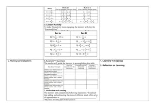 3. Lesson Activity
To make this activity more engaging, the learners will play the
“Fraction Relay”.
D. Making Generalizations 1. Learners’ Takeaways
The teacher will guide the learners in accomplishing this table.
2. Reflection on Learning
The learners will complete the following statements: “I realized
that adding and subtracting fractions of different kinds offers a lot
of opportunities to ____________________________________”.
“My most favorite part of the lesson is
1. Learners’ Takeaways
2. Reflection on Learning
 