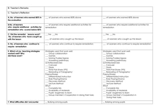 B. Teacher’s Remarks
C. Teacher’s Reflection
A..No. of learners who earned 80% in
the evaluation
___ of Learners who earned 80% above ___ of Learners who earned 80% above
B.No. of learners
who require additional activities for
remediation who scored below 80%
___ of Learners who require additional activities for
remediation
___ of Learners who require additional activities for
remediation
C. Did the remedial lessons work?
No. of learners who have caught up
with the lesson
___Yes ___No
____ of Learners who caught up the lesson
___Yes ___No
____ of Learners who caught up the lesson
D. No. of learners who continue to
require remediation
___ of Learners who continue to require remediation ___ of Learners who continue to require remediation
E. Which of my teaching strategies
worked well? Why
did these work?
Strategies used that work well:
___ Group collaboration
___ Games
___ Solving Puzzles/Jigsaw
___ Answering preliminary
activities/exercises
___ Carousel
___ Diads
___ Think-Pair-Share (TPS)
___ Rereading of Paragraphs/
Poems/Stories
___ Differentiated Instruction
___ Role Playing/Drama
___ Discovery Method
___ Lecture Method
Why?
___ Complete IMs
___ Availability of Materials
___ Pupils’ eagerness to learn
___ Group member’s Cooperation in doing their tasks
Strategies used that work well:
___ Group collaboration
___ Games
___ Solving Puzzles/Jigsaw
___ Answering preliminary
activities/exercises
___ Carousel
___ Diads
___ Think-Pair-Share (TPS)
___ Rereading of Paragraphs/
Poems/Stories
___ Differentiated Instruction
___ Role Playing/Drama
___ Discovery Method
___ Lecture Method
Why?
___ Complete IMs
___ Availability of Materials
___ Pupils’ eagerness to learn
___ Group member’s Cooperation in
Doing their tasks
F. What difficulties did I encounter __ Bullying among pupils __ Bullying among pupils
 