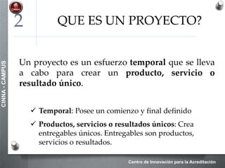 Centro de Innovación para la Acreditación
CINNA-CAMPUS
GRUPOS DE PROCESOS
Para producir un entregable de calidad, se debe equilibrar
las demandas de:
 Tiempo
 Costos
 Alcance
 Calidad
 Satisfacción del cliente
 Riesgos
2
 
