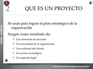 Centro de Innovación para la Acreditación
CINNA-CAMPUS
GRUPO DE PROCESOS2
Ciclo de vida
del proyecto
Procesos
de Inicio
Procesos de Planificación
Procesos de Supervisión y control
Procesos de Ejecución
Procesos de
Cierre
 