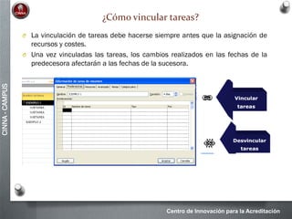 Centro de Innovación para la Acreditación
CINNA-CAMPUS
¿Cómo vincular tareas?
O La vinculación de tareas debe hacerse siempre antes que la asignación de
recursos y costes.
O Una vez vinculadas las tareas, los cambios realizados en las fechas de la
predecesora afectarán a las fechas de la sucesora.
 