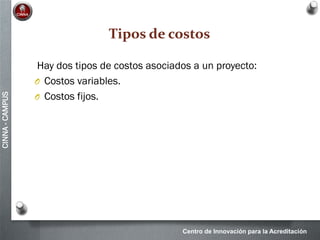 Centro de Innovación para la Acreditación
CINNA-CAMPUS
Tipos de costos
Hay dos tipos de costos asociados a un proyecto:
O Costos variables.
O Costos fijos.
 
