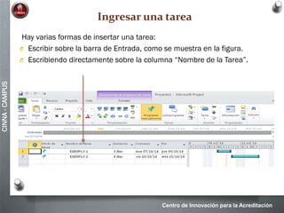 Centro de Innovación para la Acreditación
CINNA-CAMPUS
Ingresar una tarea
Hay varias formas de insertar una tarea:
O Escribir sobre la barra de Entrada, como se muestra en la figura.
O Escribiendo directamente sobre la columna “Nombre de la Tarea”.
 