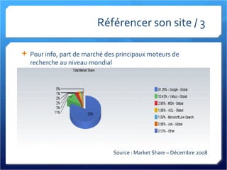 Référencer son site / 3 Pour info, part de marché des principaux moteurs de recherche au niveau mondial Source : Market Share – Décembre 2008 