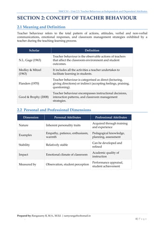Total Behaviour Teacher Behaviour as Independent and Dependent Variables in Education ...