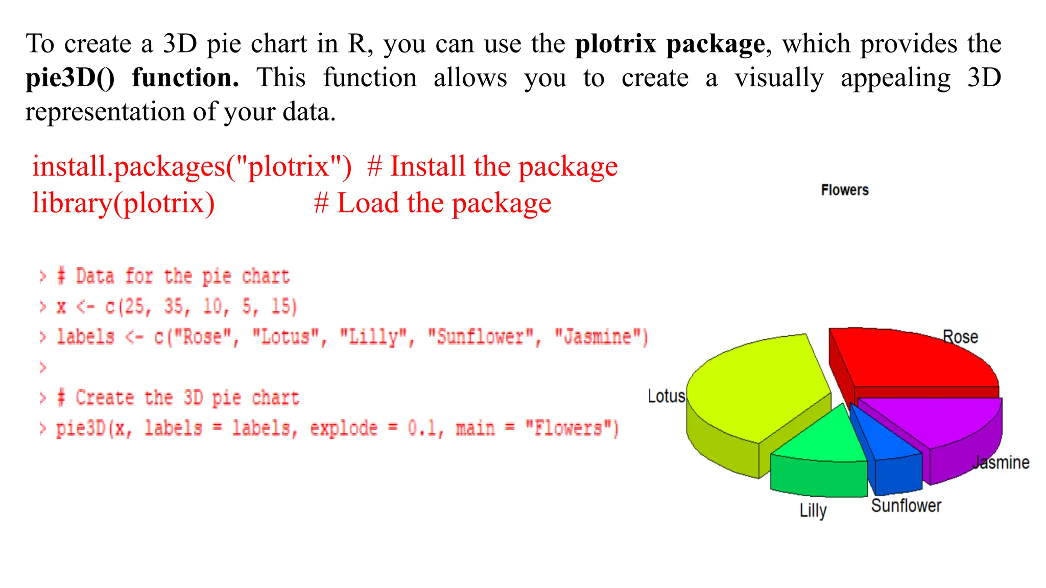 To create a 3D pie chart in R, you can use the plotrix package, which provides the
pie3D() function. This function allows you to create a visually appealing 3D
representation of your data.
install.packages("plotrix") # Install the package
library(plotrix) # Load the package
 