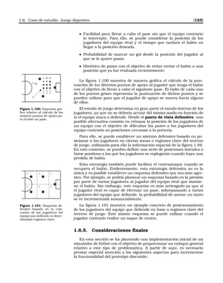 1.6. Caso de estudio. Juego deportivo [123]
Facilidad para llevar a cabo el pase sin que el equipo contrario
lo intercepte. Para ello, se puede considerar la posición de los
jugadores del equipo rival y el tiempo que tardará el balón en
llegar a la posición deseada.
Probabilidad de marcar un gol desde la posición del jugador al
que se le quiere pasar.
Histórico de pases con el objetivo de evitar enviar el balón a una
posición que ya fue evaluada recientemente.
La ﬁgura 1.100 muestra de manera gráﬁca el cálculo de la pun-
tuación de los diversos puntos de apoyo al jugador que tenga el balón
con el objetivo de llevar a cabo el siguiente pase. El radio de cada uno
de los puntos grises representa la puntuación de dichos puntos y se
pueden utilizar para que el jugador de apoyo se mueva hacia alguno
de ellos.
Figura 1.100: Esquema grá-
ﬁco relativo al cálculo de los
mejores puntos de apoyo pa-
ra recibir un pase.
El estado de juego determina en gran parte el estado interno de los
jugadores, ya que no se debería actuar del mismo modo en función de
si el equipo ataca o deﬁende. Desde el punto de vista defensivo, una
posible alternativa consiste en retrasar la posición de los jugadores de
un equipo con el objetivo de diﬁcultar los pases a los jugadores del
equipo contrario en posiciones cercanas a la portería.
Para ello, se puede establecer un sistema defensivo basado en po-
sicionar a los jugadores en ciertas zonas o regiones clave del terreno
de juego, utilizando para ello la información espacial de la ﬁgura 1.94.
En este contexto, se pueden deﬁnir una serie de posiciones iniciales o
home positions a las que los jugadores se replegarán cuando haya una
pérdida de balón.
Esta estrategia también puede facilitar el contraataque cuando se
recupera el balón. Evidentemente, esta estrategia defensiva no es la
única y es posible establecer un esquema defensivo que sea más agre-
sivo. Por ejemplo, se podría plantear un esquema basado en la presión
por parte de varios jugadores al jugador del equipo rival que mantie-
ne el balón. Sin embargo, este esquema es más arriesgado ya que si
el jugador rival es capar de efectuar un pase, sobrepasando a varios
jugadores del equipo que deﬁende, la probabilidad de anotar un tanto
se ve incrementada sustancialmente.
5 1
24
3
6
Figura 1.101: Esquema de-
fensivo basado en la colo-
cación de los jugadores del
equipo que deﬁende en deter-
minadas regiones clave.
La ﬁgura 1.101 muestra un ejemplo concreto de posicionamiento
de los jugadores del equipo que deﬁende en base a regiones clave del
terreno de juego. Este mismo esquema se puede utilizar cuando el
jugador contrario realice un saque de centro.
1.6.5. Consideraciones ﬁnales
En esta sección se ha planteado una implementación inicial de un
simulador de fútbol con el objetivo de proporcionar un enfoque general
relativo a este tipo de problemática. A partir de aquí, es necesario
prestar especial atención a los siguientes aspectos para incrementar
la funcionalidad del prototipo discutido:
 