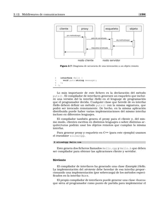 2.12. Middlewares de comunicaciones [159]
Figura 2.7: Diagrama de secuencia de una invocación a un objeto remoto
2 interface Hello {
3 void puts(string message);
4 };
5 };
Lo más importante de este ﬁchero es la declaración del método
puts(). El compilador de interfaces generará un esqueleto que inclui-
rá una versión del la interfaz Hello en el lenguaje de programación
que el programador decida. Cualquier clase que herede de es interfaz
Hello deberá deﬁnir un método puts() con la misma signatura, que
podrá ser invocado remotamente. De hecho, en la misma aplicación
distribuida puede haber varias implementaciones del mismo interfaz
incluso en diferentes lenguajes.
El compilador también genera el proxy para el cliente y, del mis-
mo modo, clientes escritos en distintos lenguajes o sobre distintas ar-
quitecturas podrán usar los objetos remotos que cumplan la misma
interfaz.
Para generar proxy y esqueleto en C++ (para este ejemplo) usamos
el translator slice2cpp.
$ slice2cpp Hello.ice
Esto genera dos ﬁcheros llamados Hello.cpp y Hello.h que deben
ser compilador para obtener las aplicaciones cliente y servidor.
Sirviente
El compilador de interfaces ha generado una clase Example::Hello.
La implementación del sirviente debe heredar de esa interfaz propor-
cionando una implementación (por sobrecarga) de los métodos especi-
ﬁcados en la interfaz SLICE.
El propio compilador de interfaces puede generar una clase «hueca»
que sirva al programador como punto de partida para implementar el
 